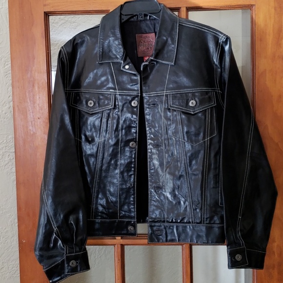 gap blue jeans leather jacket